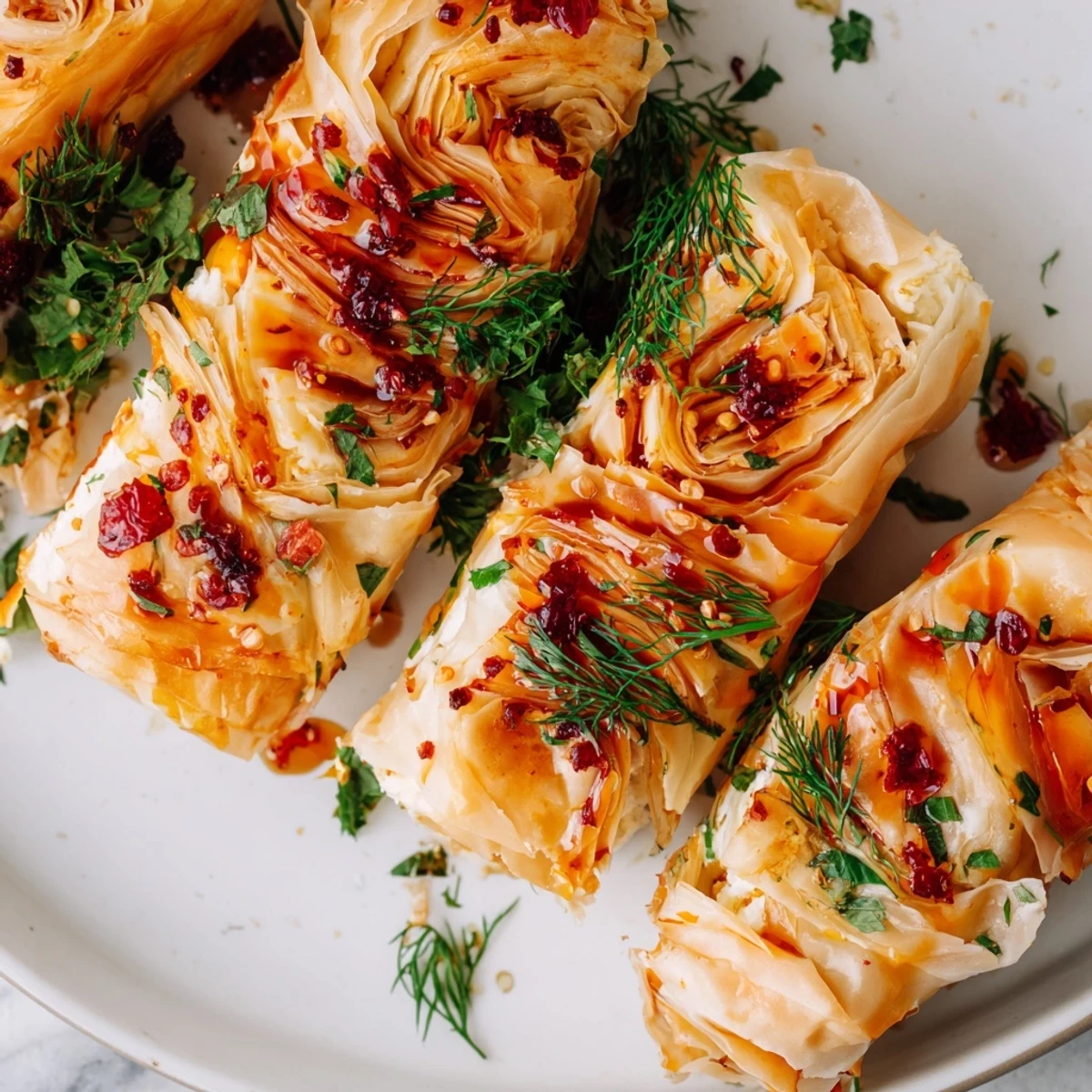 Golden-baked Oven Fried Feta Rolls with Spicy Chili Honey on a plate, drizzled warmly with glossy honey and chili flakes, served alongside fresh herbs.