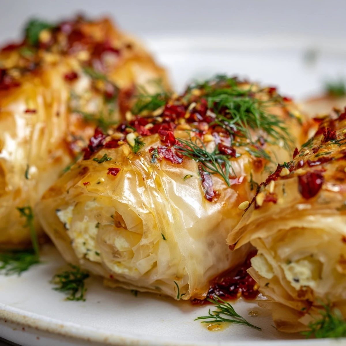 Close-up of Oven Fried Feta Rolls with Spicy Chili Honey revealing crispy phyllo layers and creamy feta filling, perfect for a Mediterranean appetizer board.