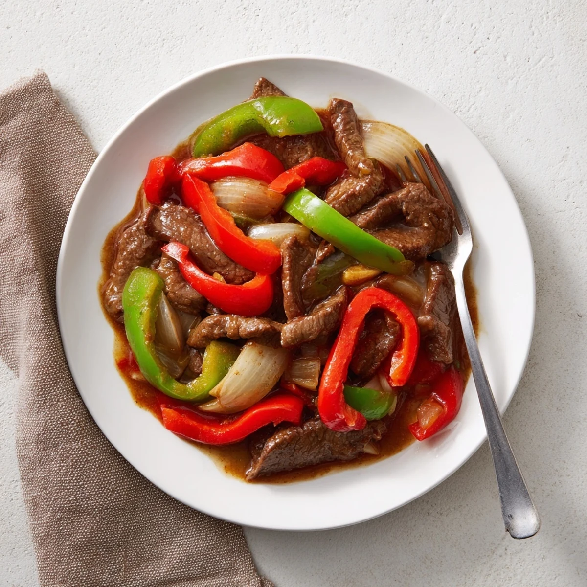 Sizzling Chinese Pepper Steak With Onions features tender beef strips and vibrant bell peppers glistening in a savory stir-fry sauce, served over fluffy white rice.