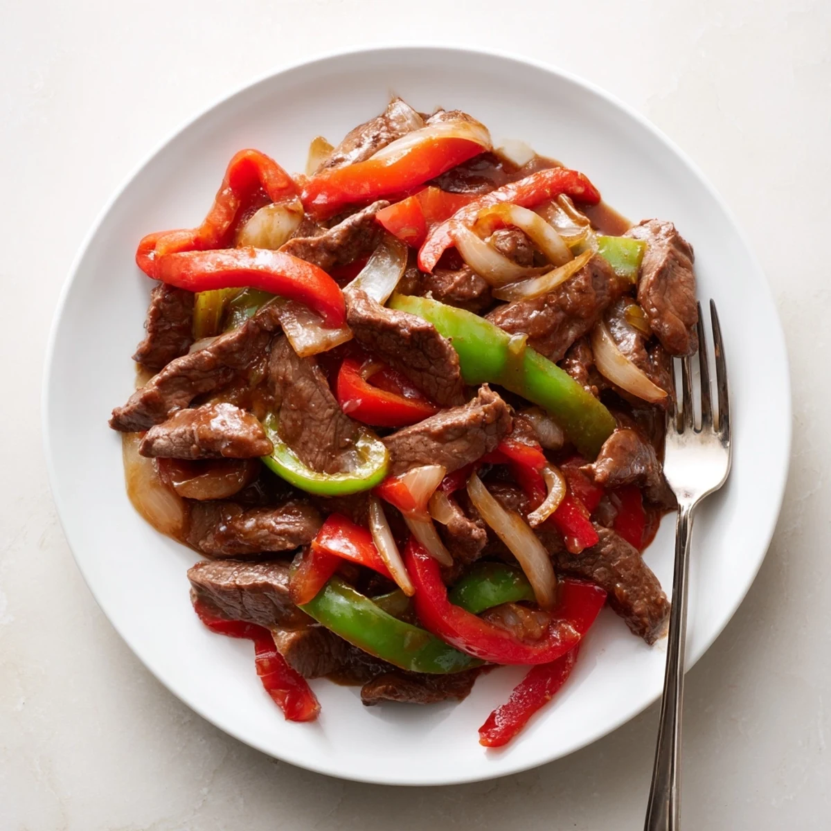 A close-up view shows the Sizzling Chinese Pepper Steak With Onions in a wok, with steam rising from juicy beef and crisp vegetables in a rich sauce.