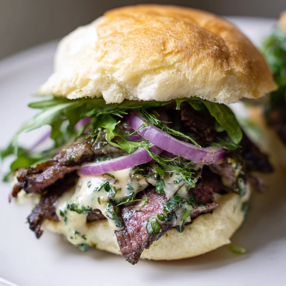 Warm Cowboy Butter Steak Sliders on soft buns, topped with fresh arugula and thin-sliced steak, ready for game day.