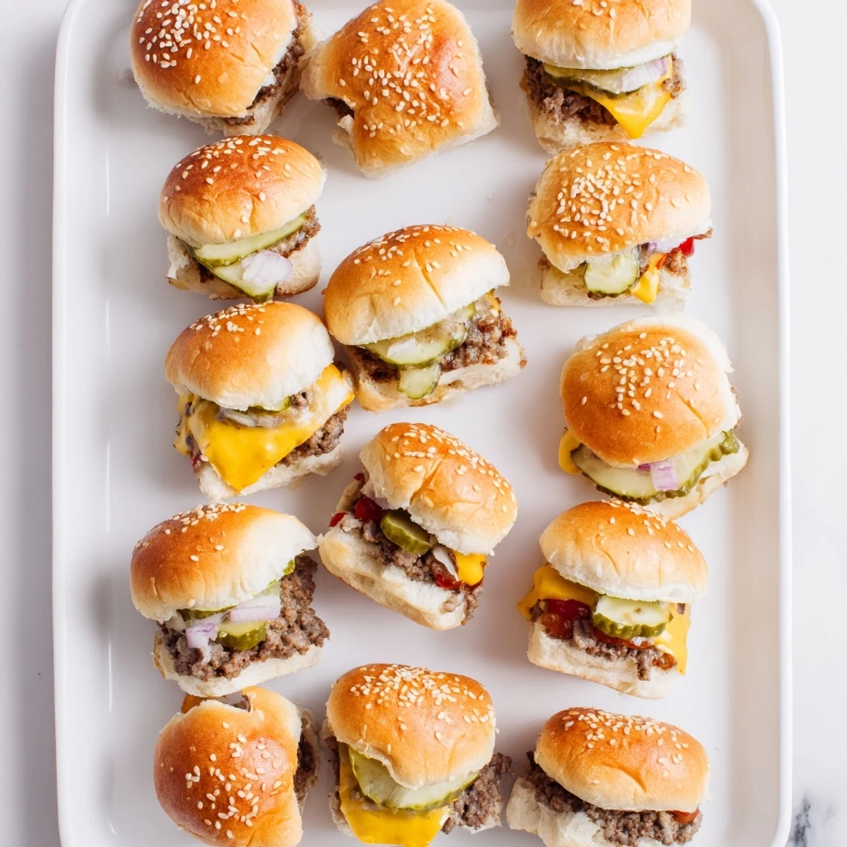 Golden-brown toasted buns cradle a juicy beef patty with melted cheese and pickles on a baking sheet for White Trash Sliders.