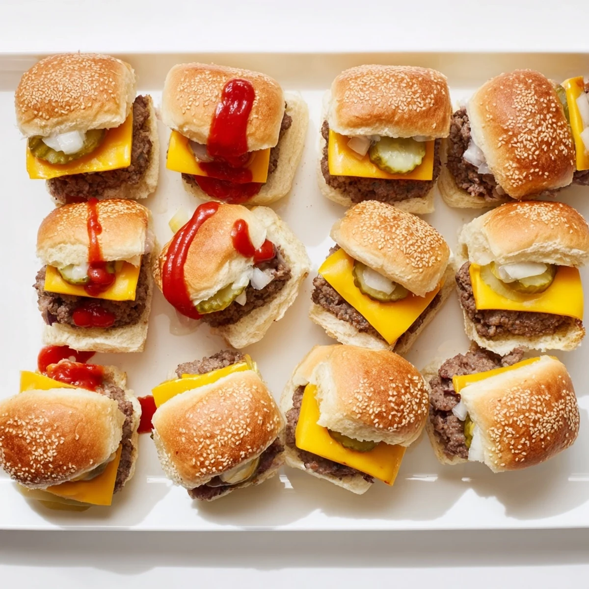 Flavorful White Trash Sliders are arranged on a serving platter with ketchup and mustard, perfect for a casual game day snack.