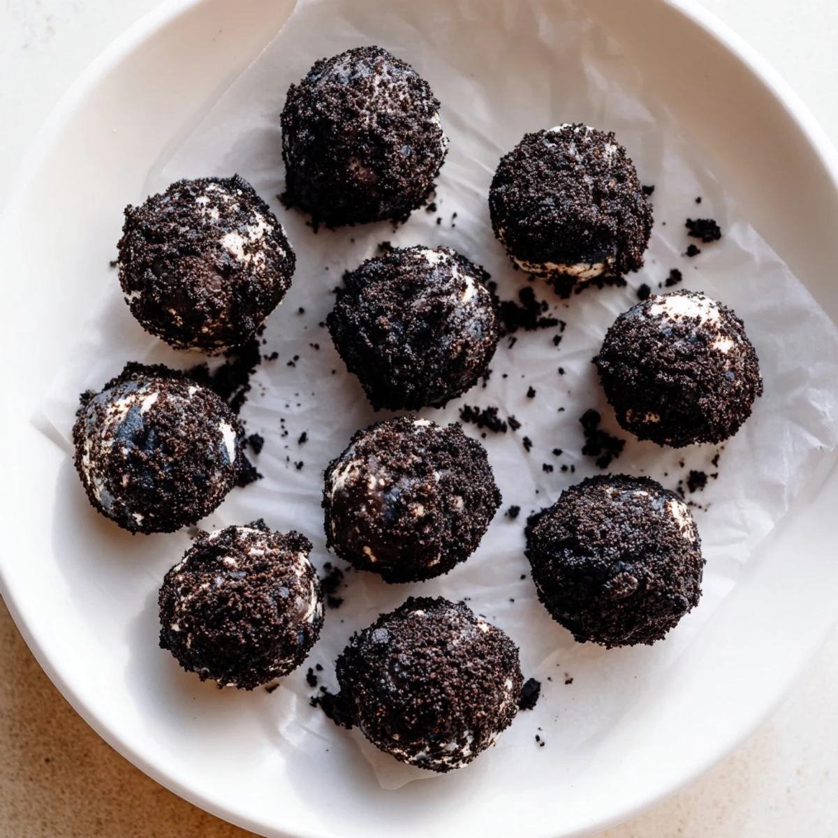 Creamy cream cheese Oreo protein balls coated in cookie crumbs and served chilled on a tray.