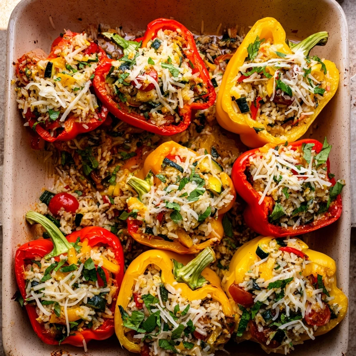 A close-up of Vegetarian Stuffed Bell Peppers, revealing tender peppers filled with cherry tomatoes, spinach, and herbs.