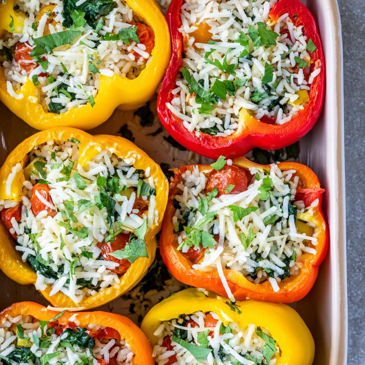 Serving suggestion of Vegetarian Stuffed Bell Peppers garnished with fresh parsley, paired with a crisp green salad.
