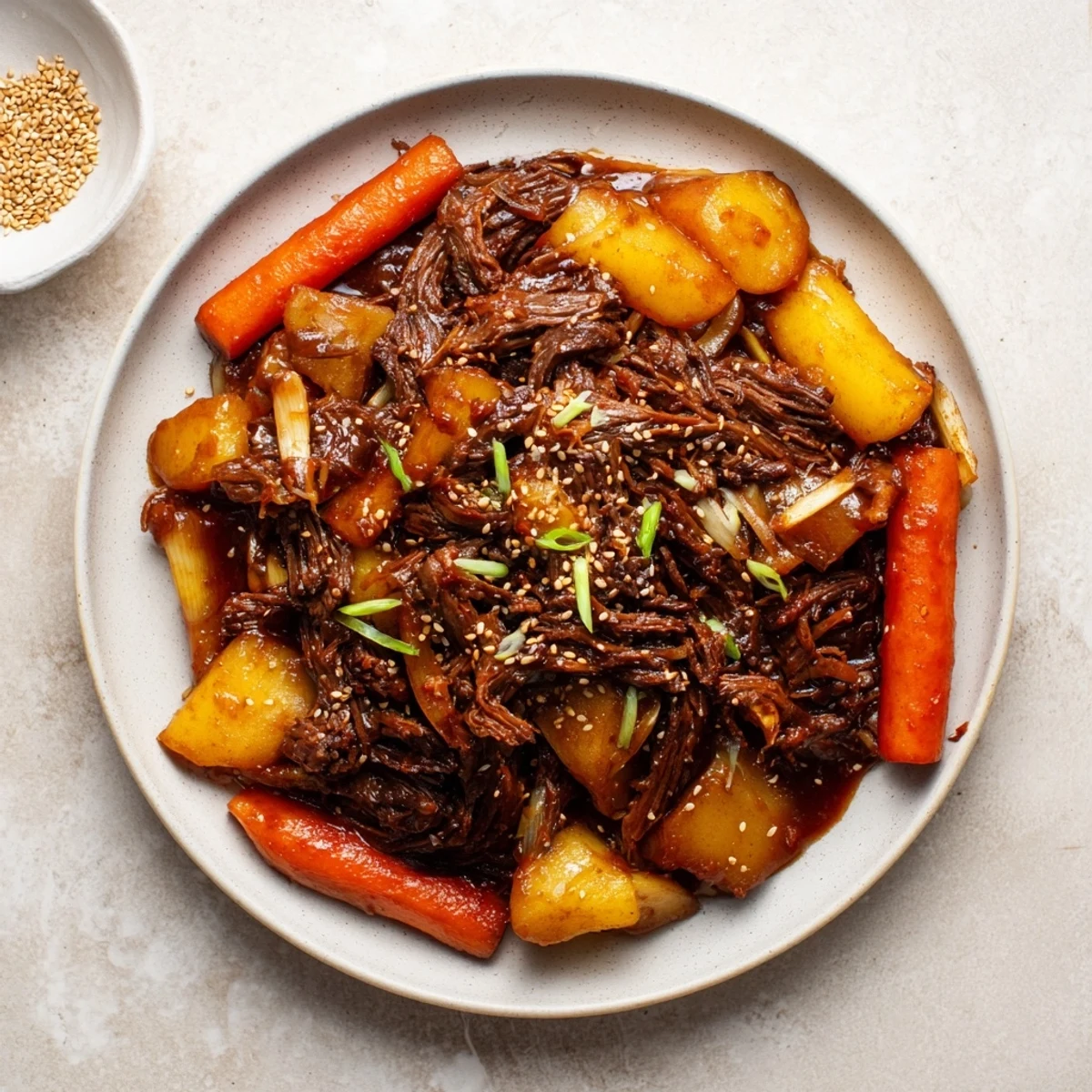 A close-up shows the Korean Style Pot Roast in a Dutch oven, garnished with sesame seeds and sliced scallions.