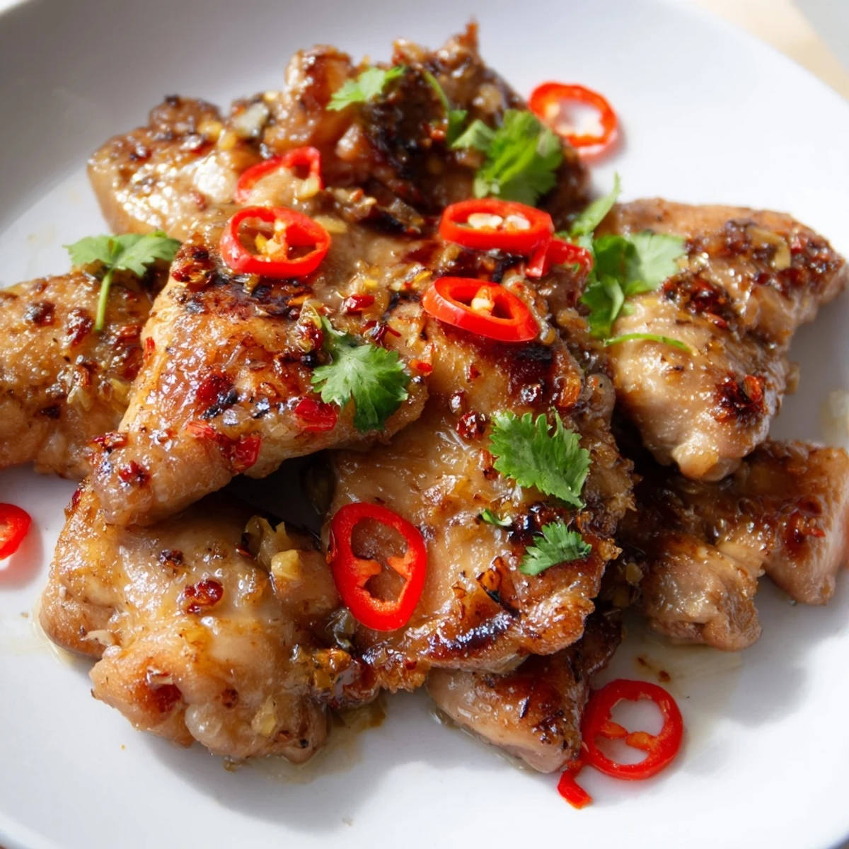 Fragrant Vietnamese Lemongrass Chicken thighs sizzling in a skillet, garnished with fresh scallions and cilantro.