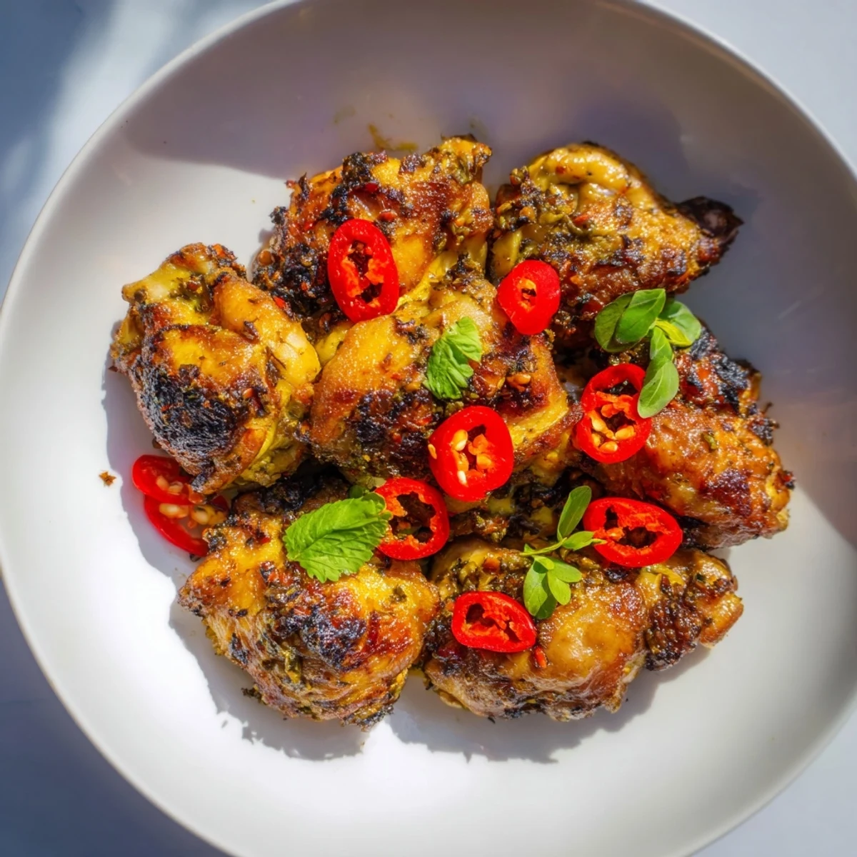 A close-up of golden Vietnamese Lemongrass Chicken served beside fluffy steamed jasmine rice.