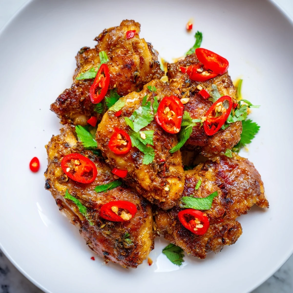 Colorful plate of Vietnamese Lemongrass Chicken topped with red chili slices and fresh herbs.