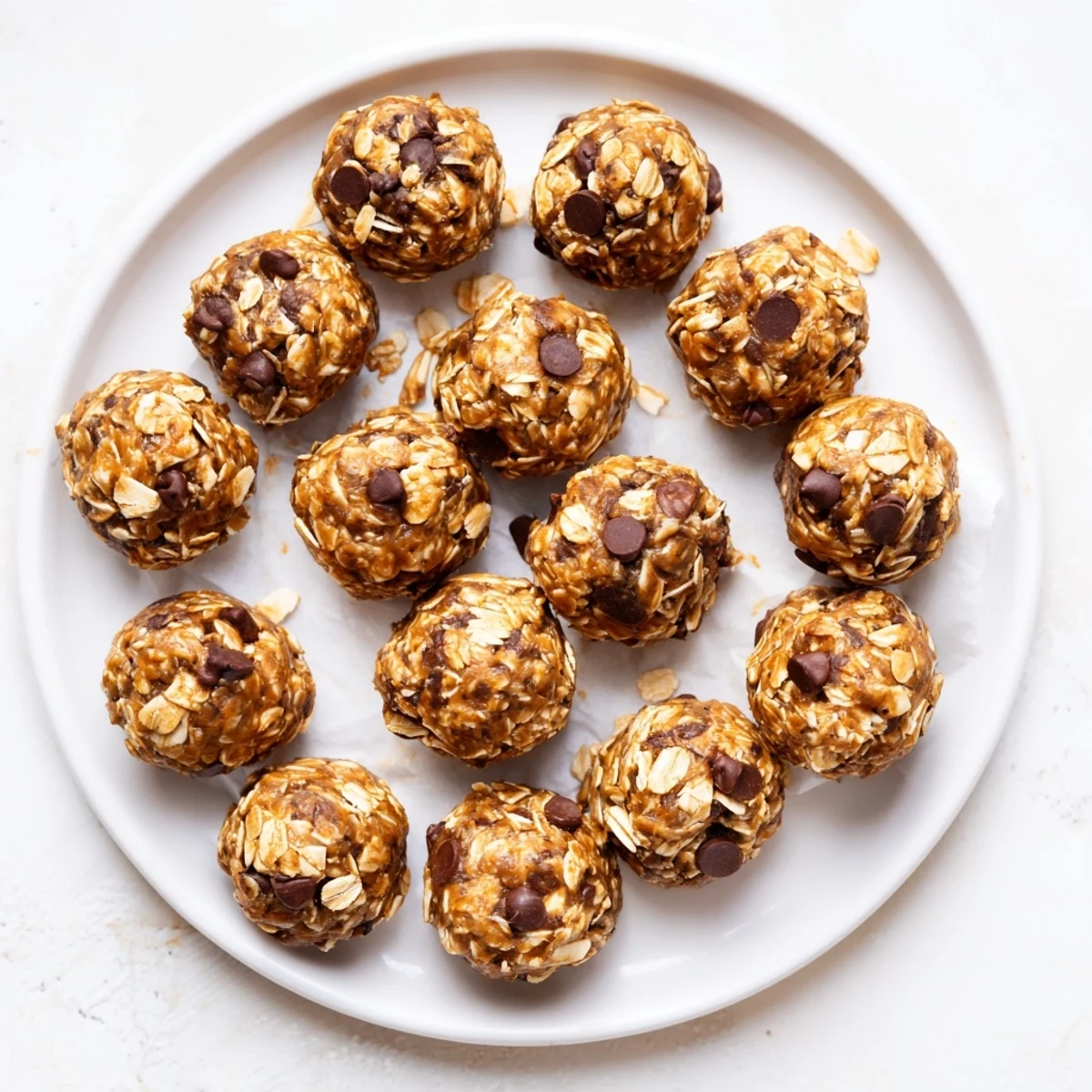 Soft, homemade No Bake Peanut Butter Energy Bites show oats, flaxseed, and chocolate chips texture.