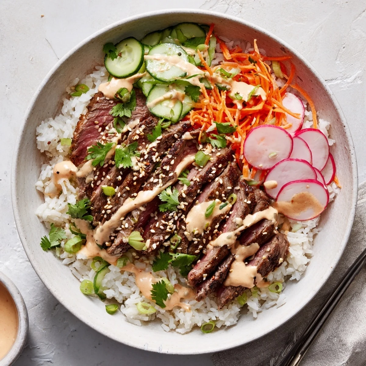 Hearty Korean BBQ Steak Rice Bowls feature juicy beef slices piled on warm rice, garnished with radishes and spring onions, inviting you to scoop up that creamy, spicy sauce.