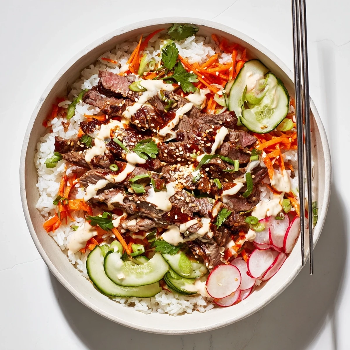 Vivid image shows golden-brown steak in Korean BBQ Steak Rice Bowls, layered over white rice with crisp veggies and a swirl of vibrant red spicy cream sauce for serving.