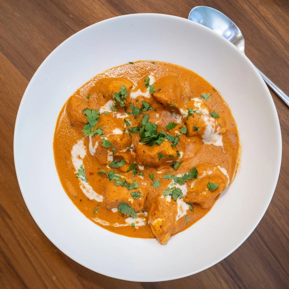 Creamy Butter Chicken served with fluffy basmati rice and warm naan on a rustic plate.