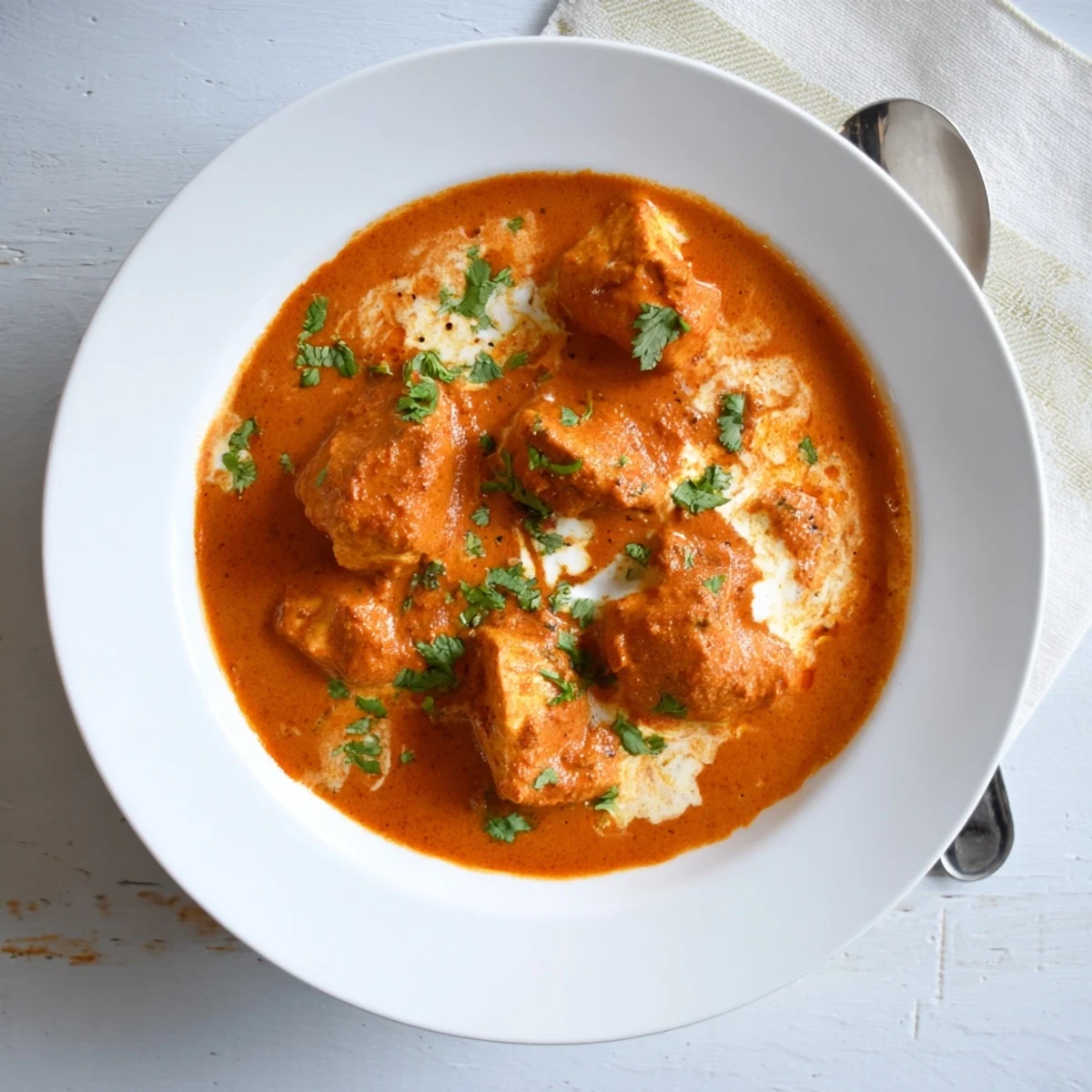 A quick weeknight Butter Chicken recipe presented in a skillet with a dollop of cream.