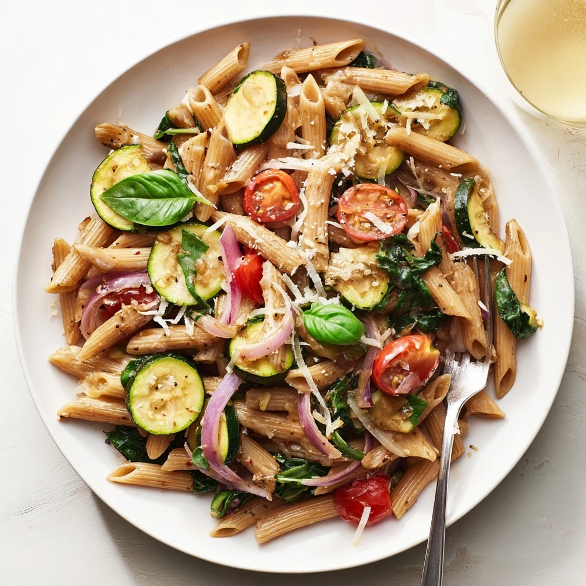 Tender whole wheat pasta is tossed with sautéed zucchini, bursting cherry tomatoes, and fresh basil in this Healthy Tomato Zucchini Pasta.