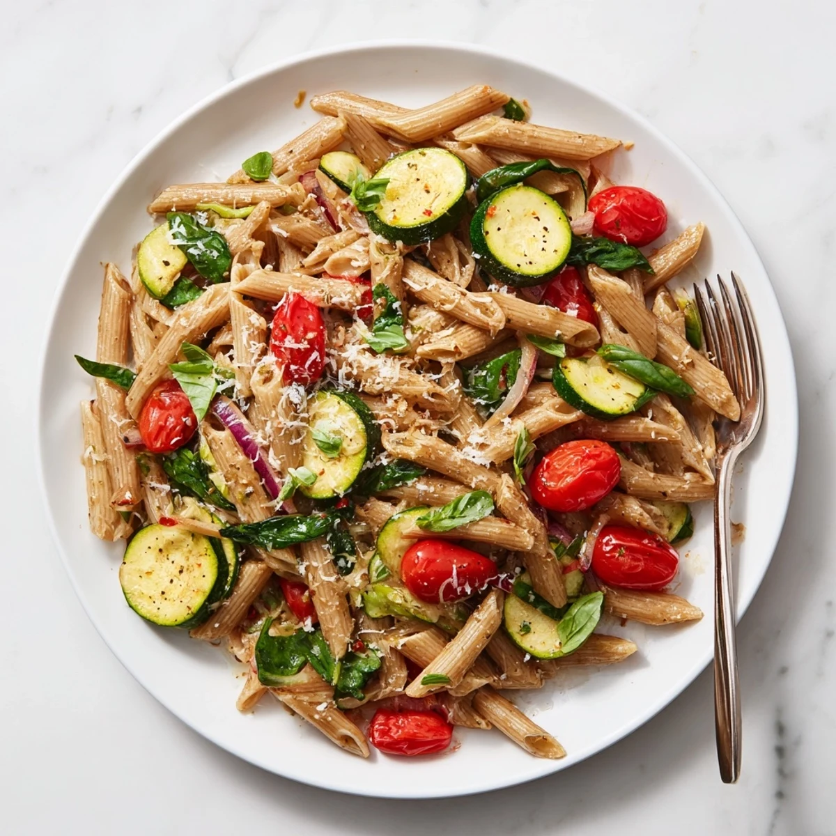 A vibrant, steaming bowl of Healthy Tomato Zucchini Pasta features al dente noodles coated in a light olive oil sauce.