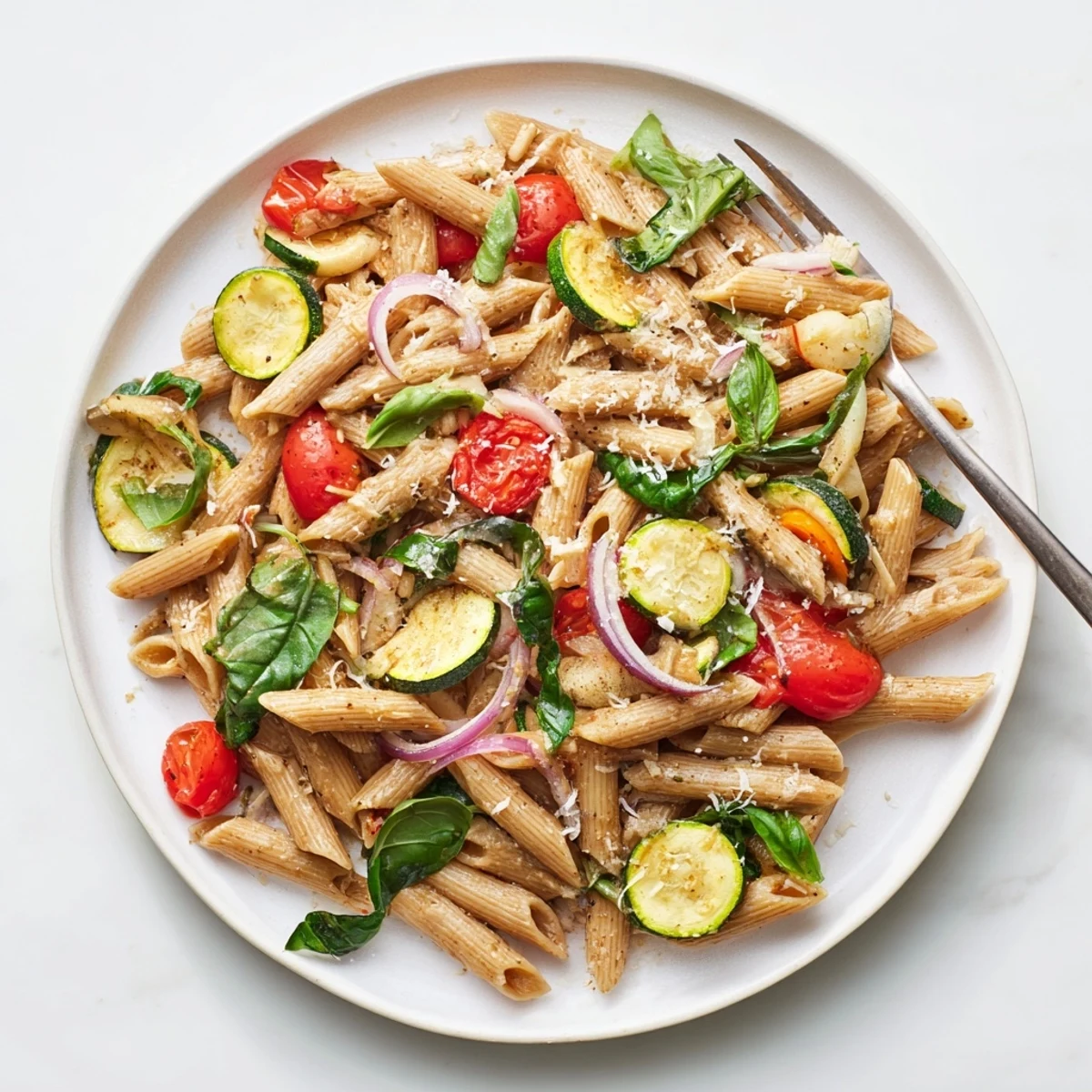 Garlicky zucchini and juicy red tomatoes top a serving of Healthy Tomato Zucchini Pasta, garnished with torn basil leaves.