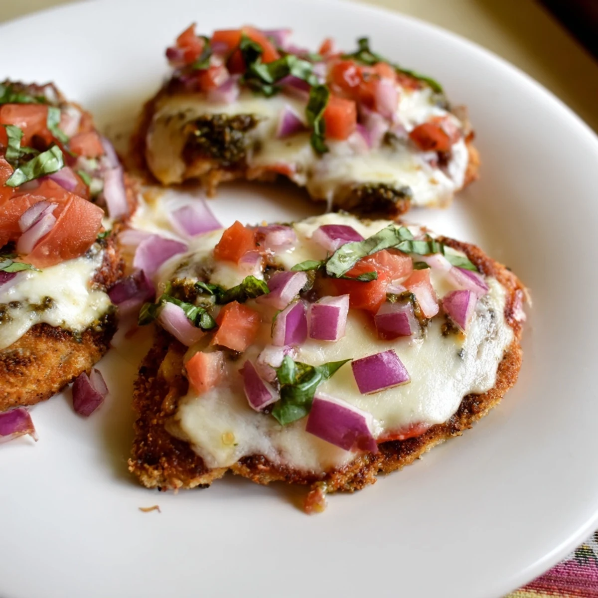 Golden baked Pesto Bruschetta Chicken topped with melted mozzarella and fresh diced tomato bruschetta garnish