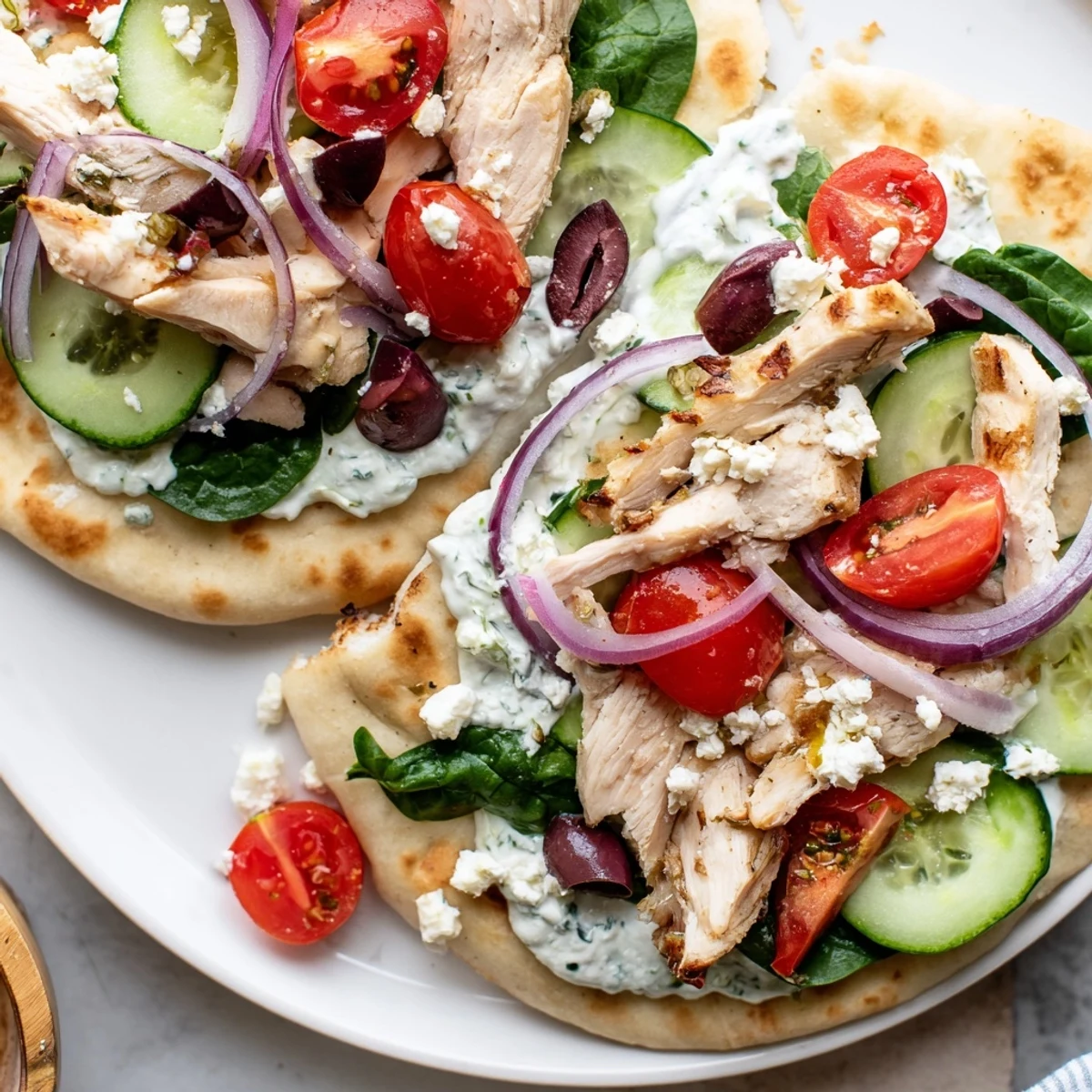 Golden brown Greek chicken flatbread topped with colorful vegetables and creamy tzatziki sauce