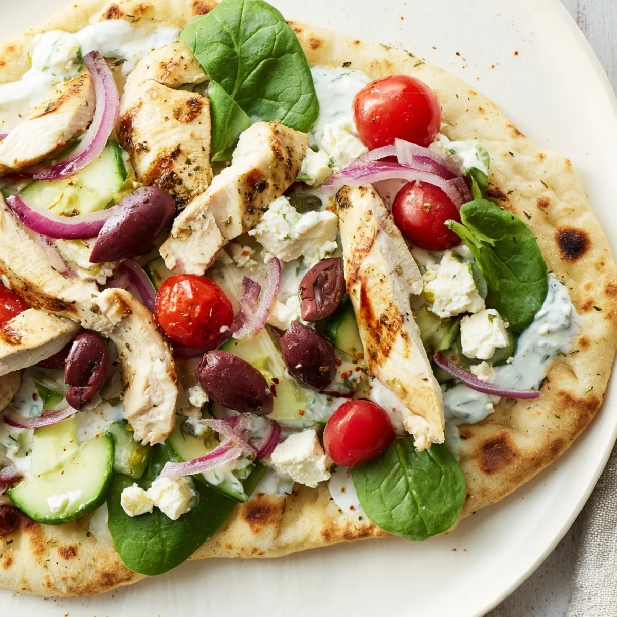Savory grilled Greek chicken flatbread loaded with fresh toppings and tangy feta cheese