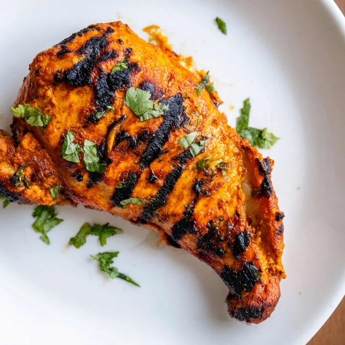 Grilled tandoori chicken with charred edges and vibrant red marinade on a white plate