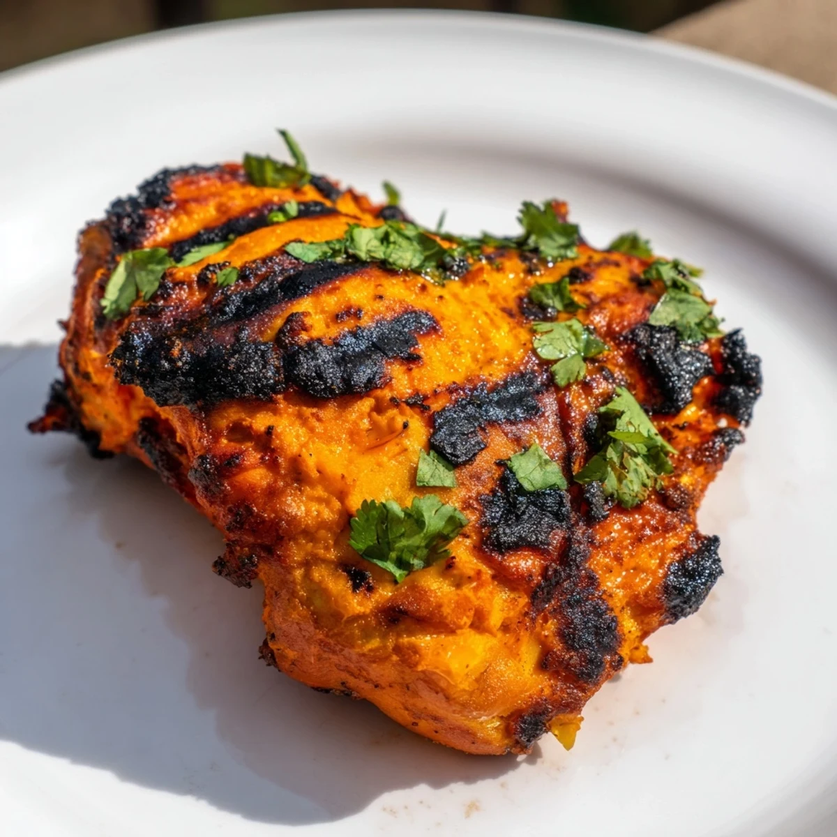 Tandoori chicken thighs fresh off the grill with smoky grill marks and yogurt-spice coating