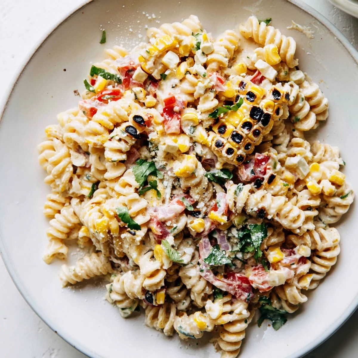 Mexican-inspired pasta salad featuring charred corn, cotija cheese, and spicy mayonnaise lime dressing
