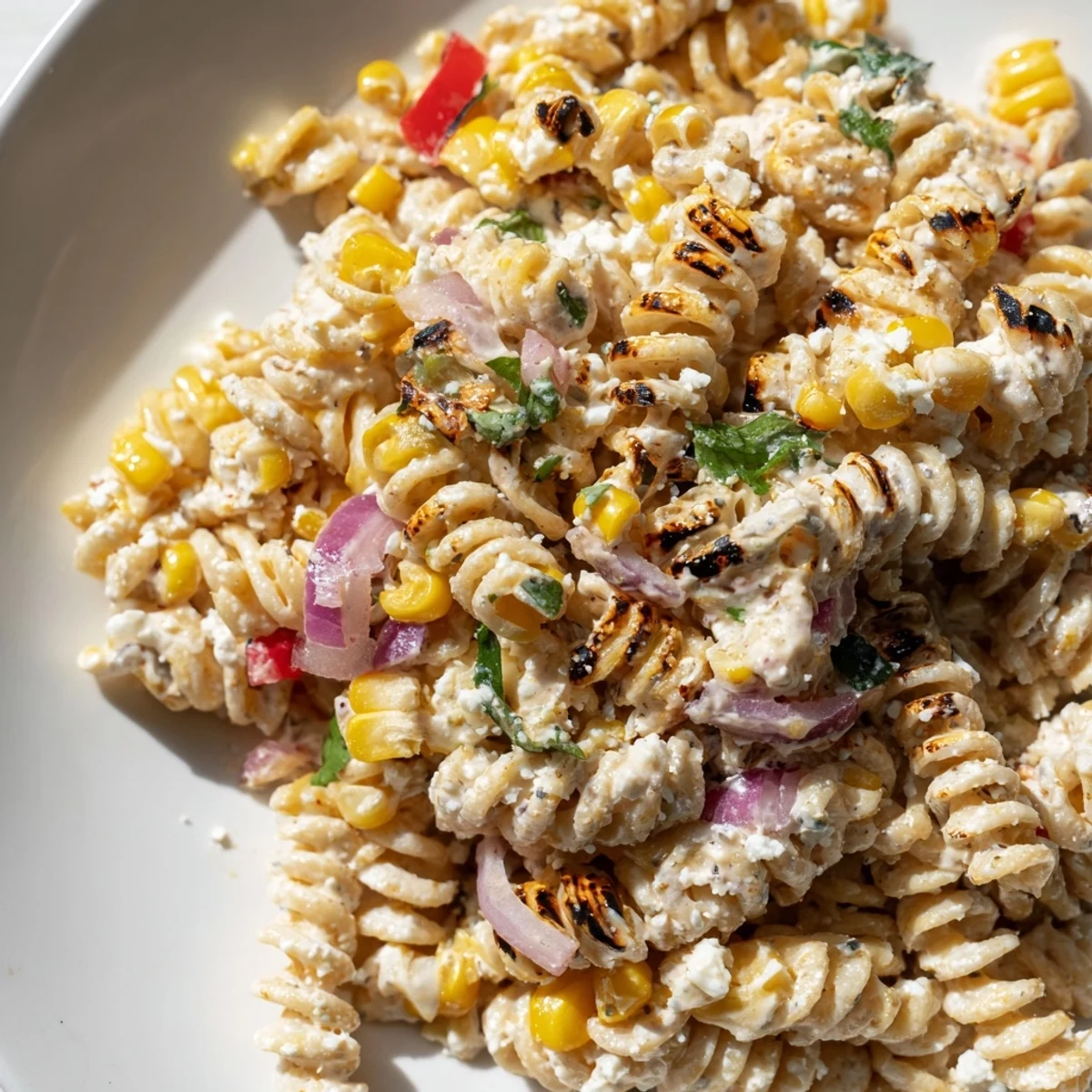 Vibrant street corn pasta salad tossed with red peppers, cilantro, and crumbled white cheese