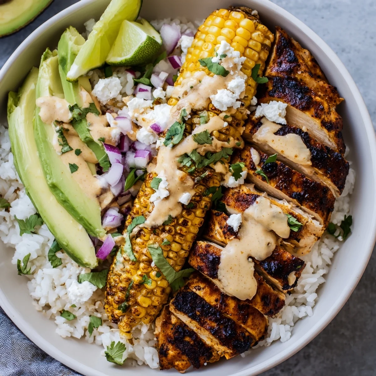 Vibrant street corn chicken rice bowl topped with zesty corn, fluffy rice, and cilantro