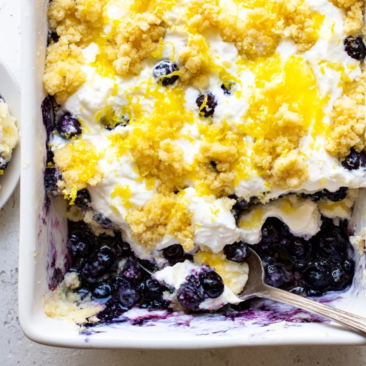 Golden lemon blueberry cheesecake dump cake with bubbling fruit and creamy cheesecake layers