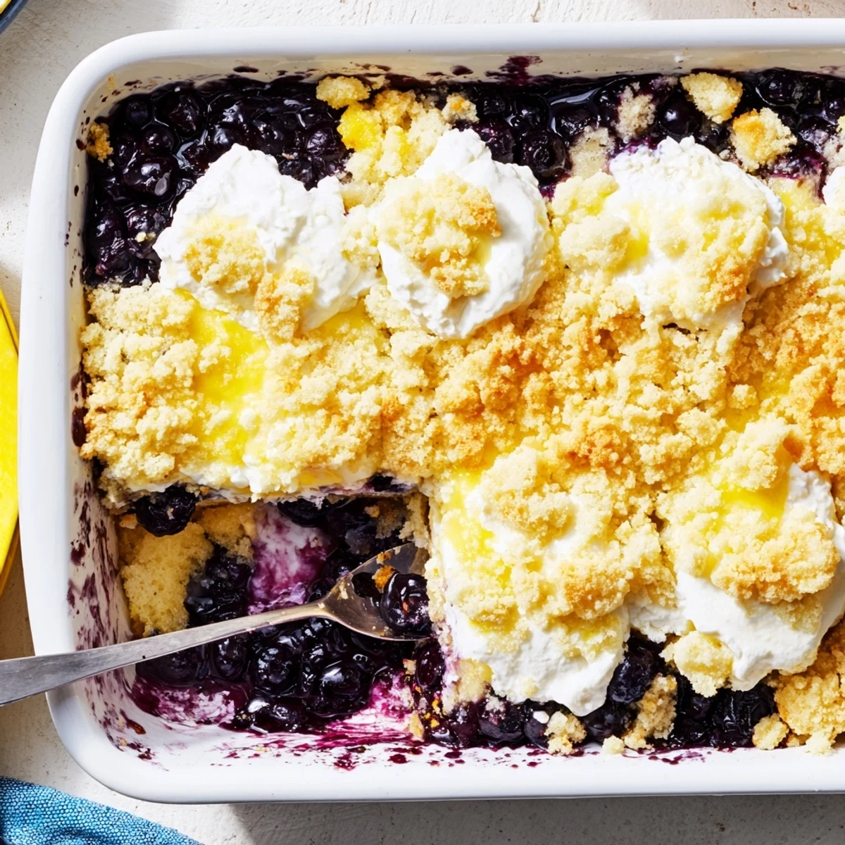 Easy lemon blueberry cheesecake dump cake served warm with melting vanilla ice cream