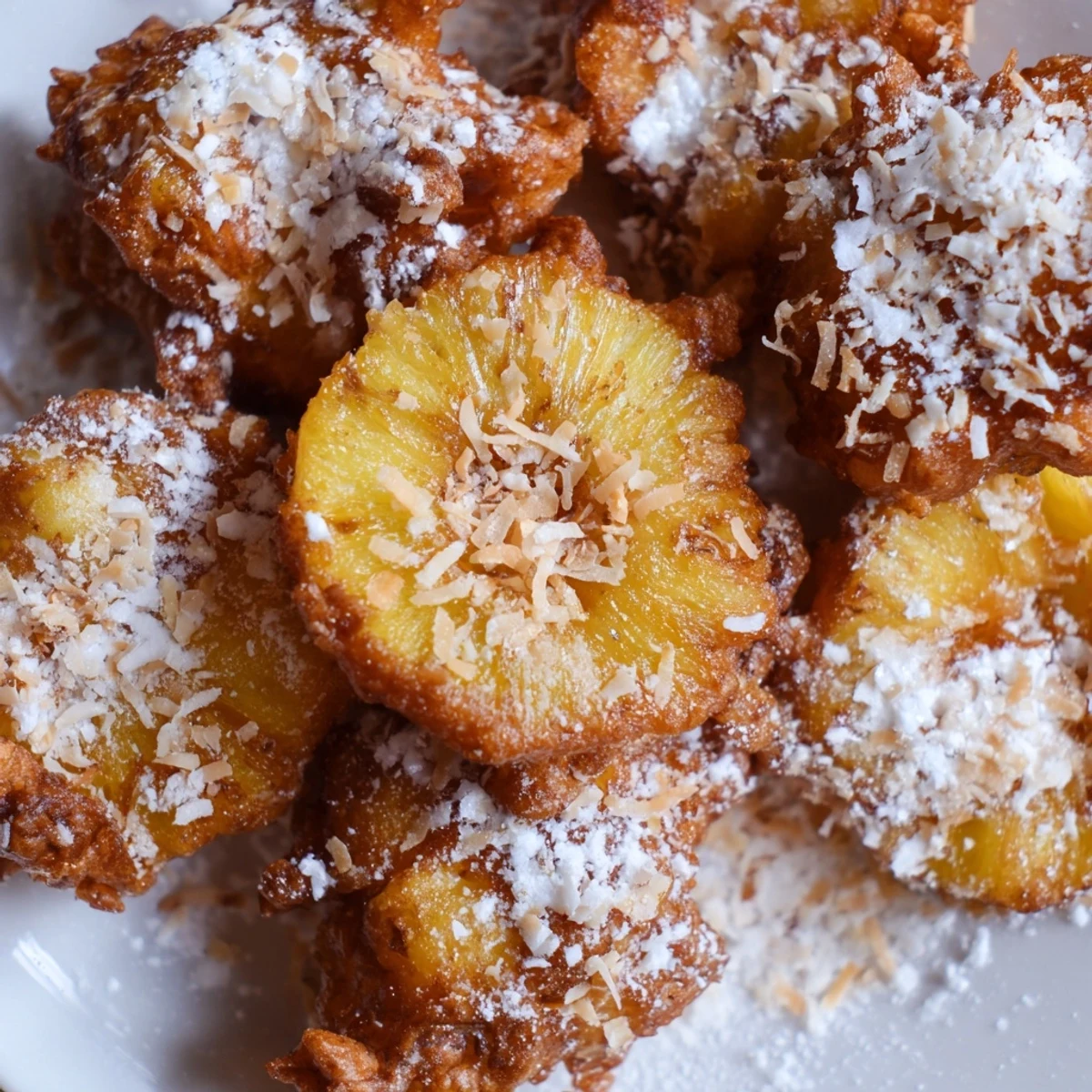 Golden crispy pineapple fritters dusted with powdered sugar on a white plate