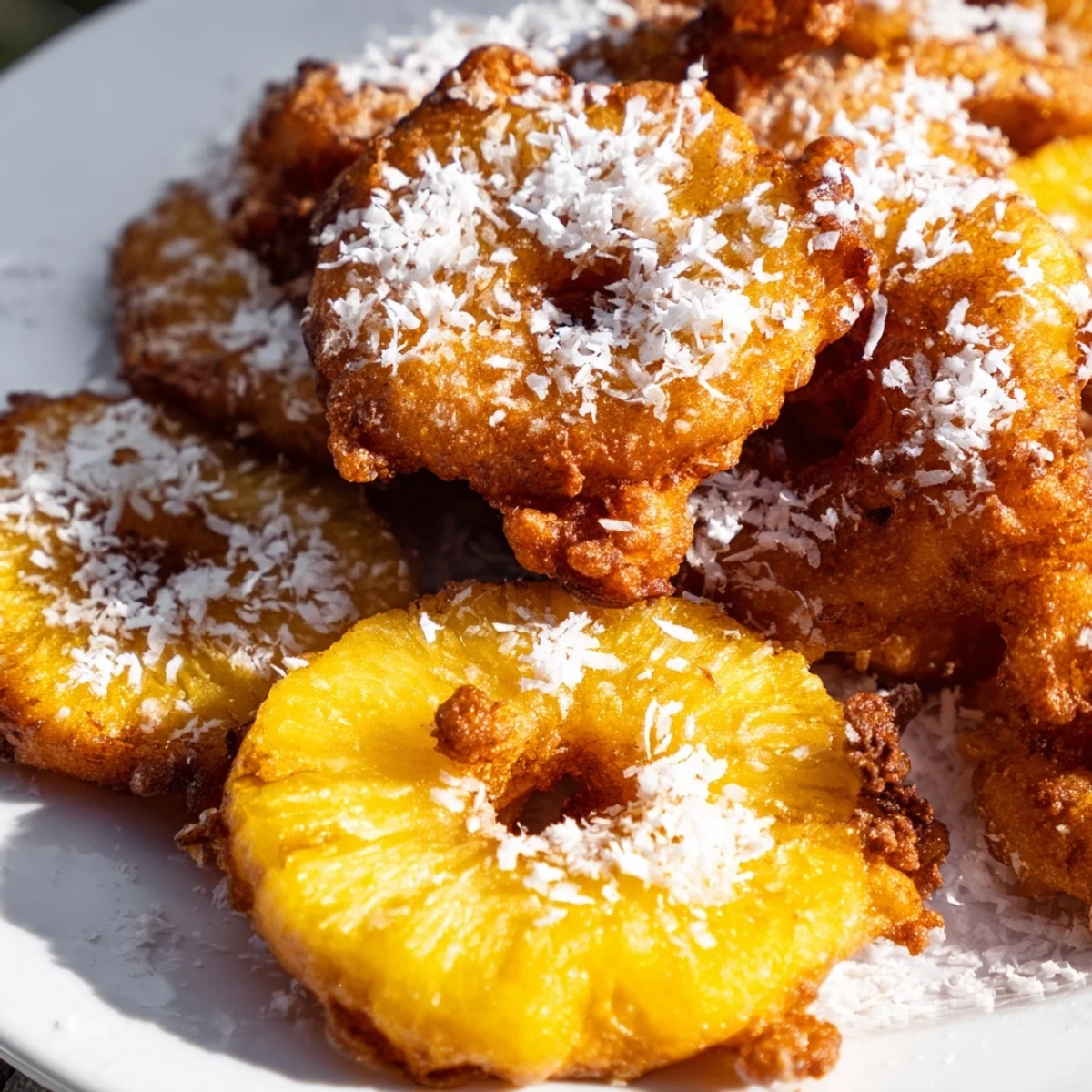Coconut battered pineapple rings frying in hot oil until golden brown and crisp