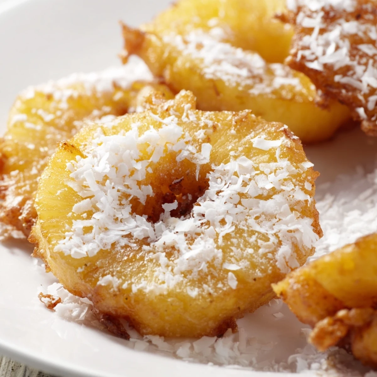 Warm pineapple fritters topped with powdered sugar and toasted coconut garnish