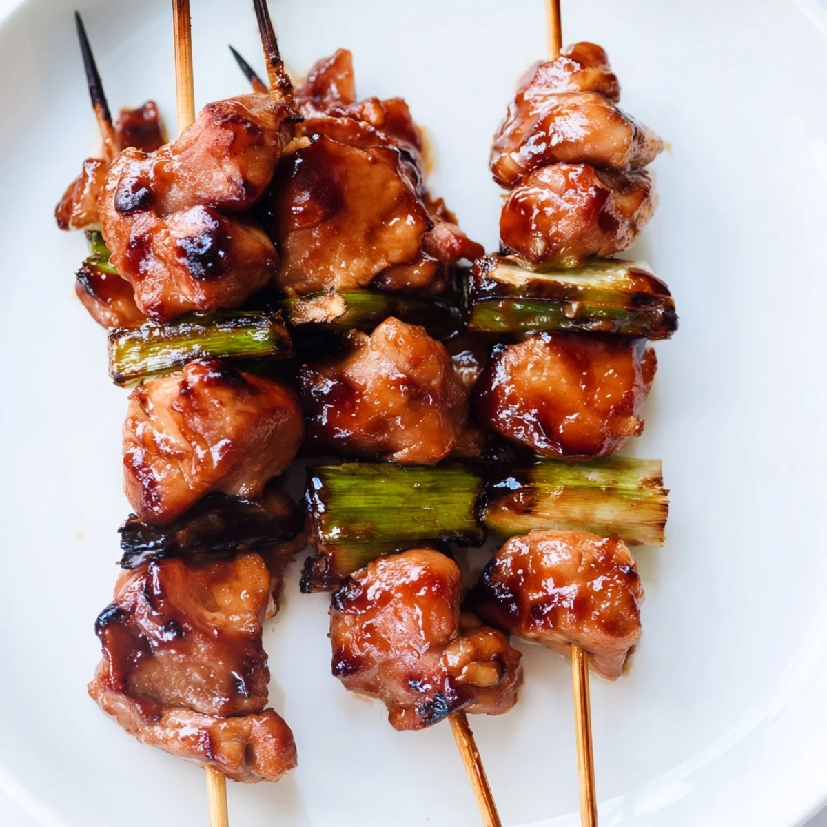 Glossy Japanese chicken yakitori skewers grilled to perfection with caramelized tare sauce glaze
