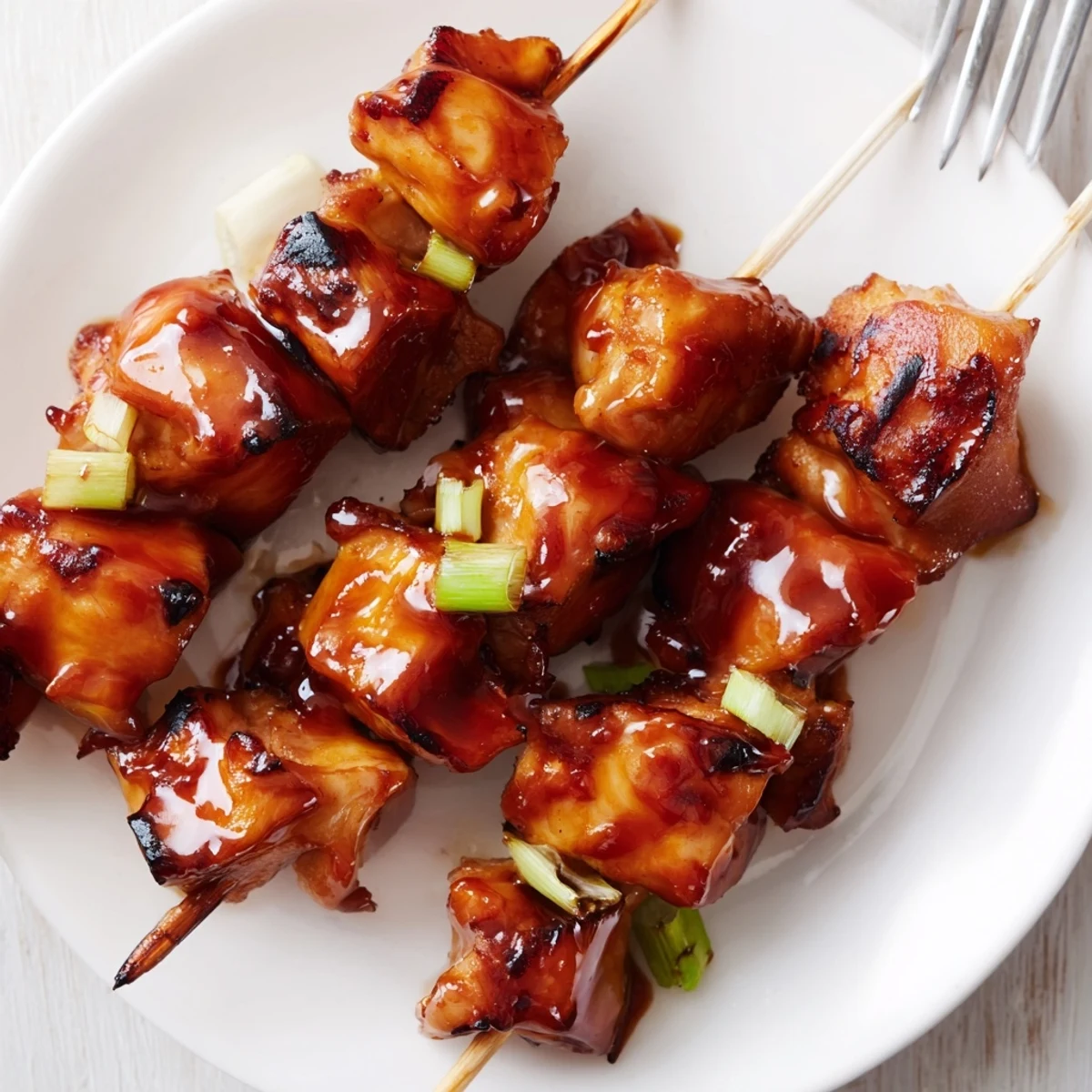 Tender chicken thigh yakitori on bamboo skewers basted with savory sweet soy glaze