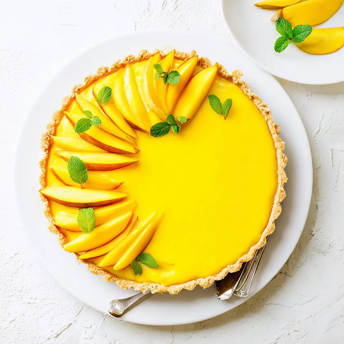 Golden mango curd tart with fresh mango slices garnished on a fluted white plate