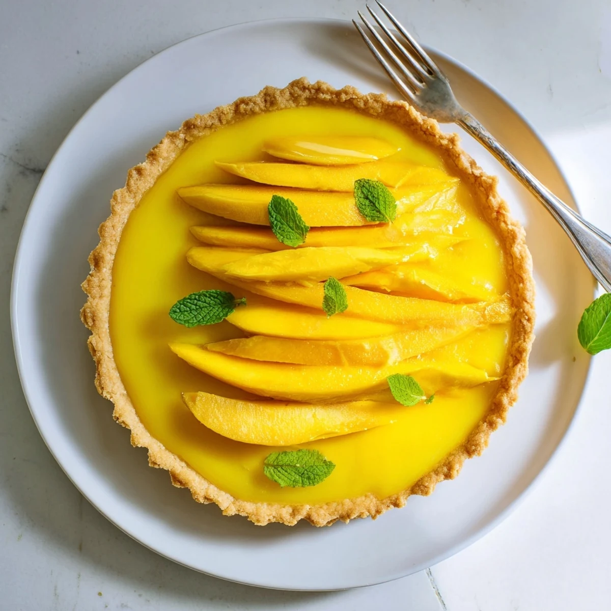 Silky mango curd tart featuring buttery crust topped with vibrant fresh mango wedges on marble surface