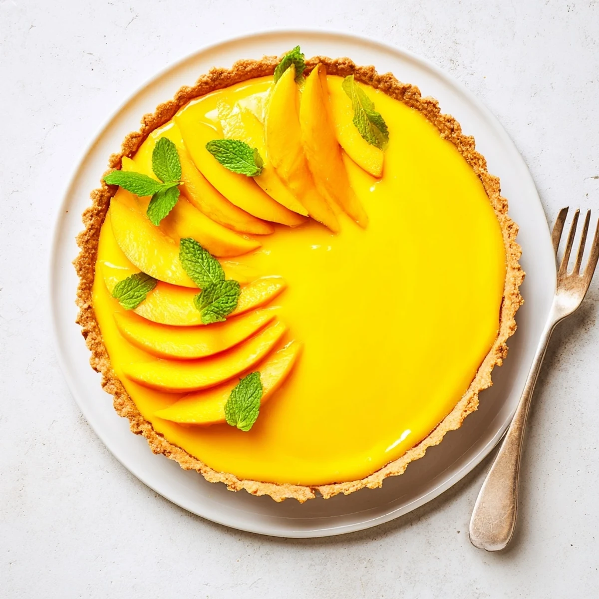 Elegant mango curd tart with smooth bright yellow filling and mint sprig garnish