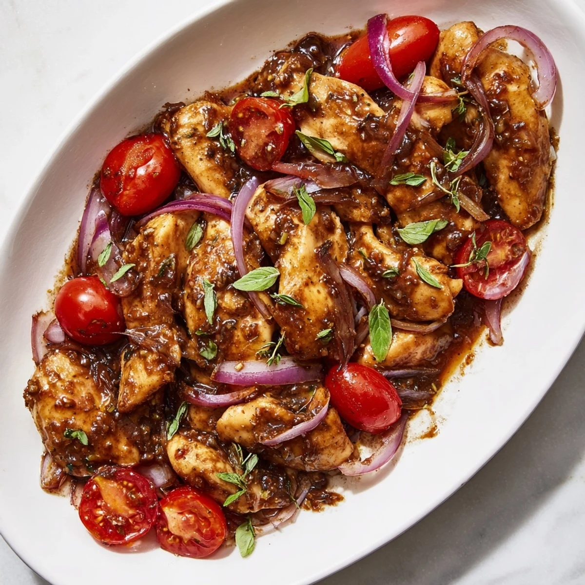 Golden one pan juicy chicken with balsamic sauce glistens alongside roasted cherry tomatoes and fresh basil garnish