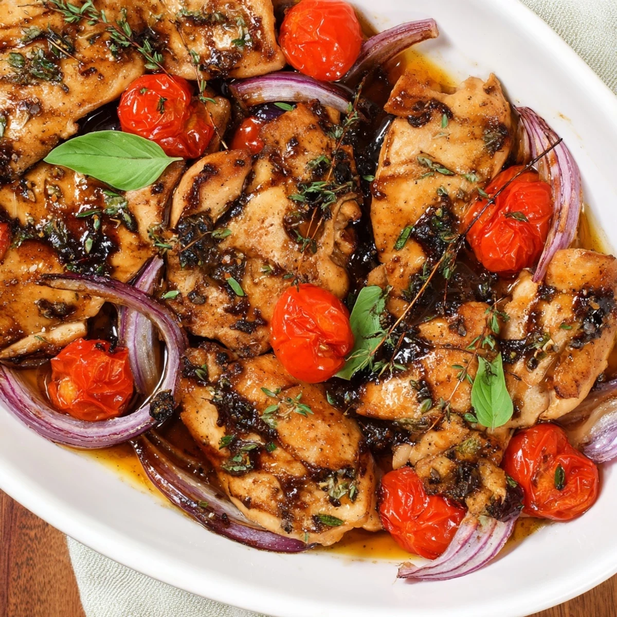 Tender chicken breasts simmer in rich balsamic glaze with red onion slices and aromatic herbs in skillet