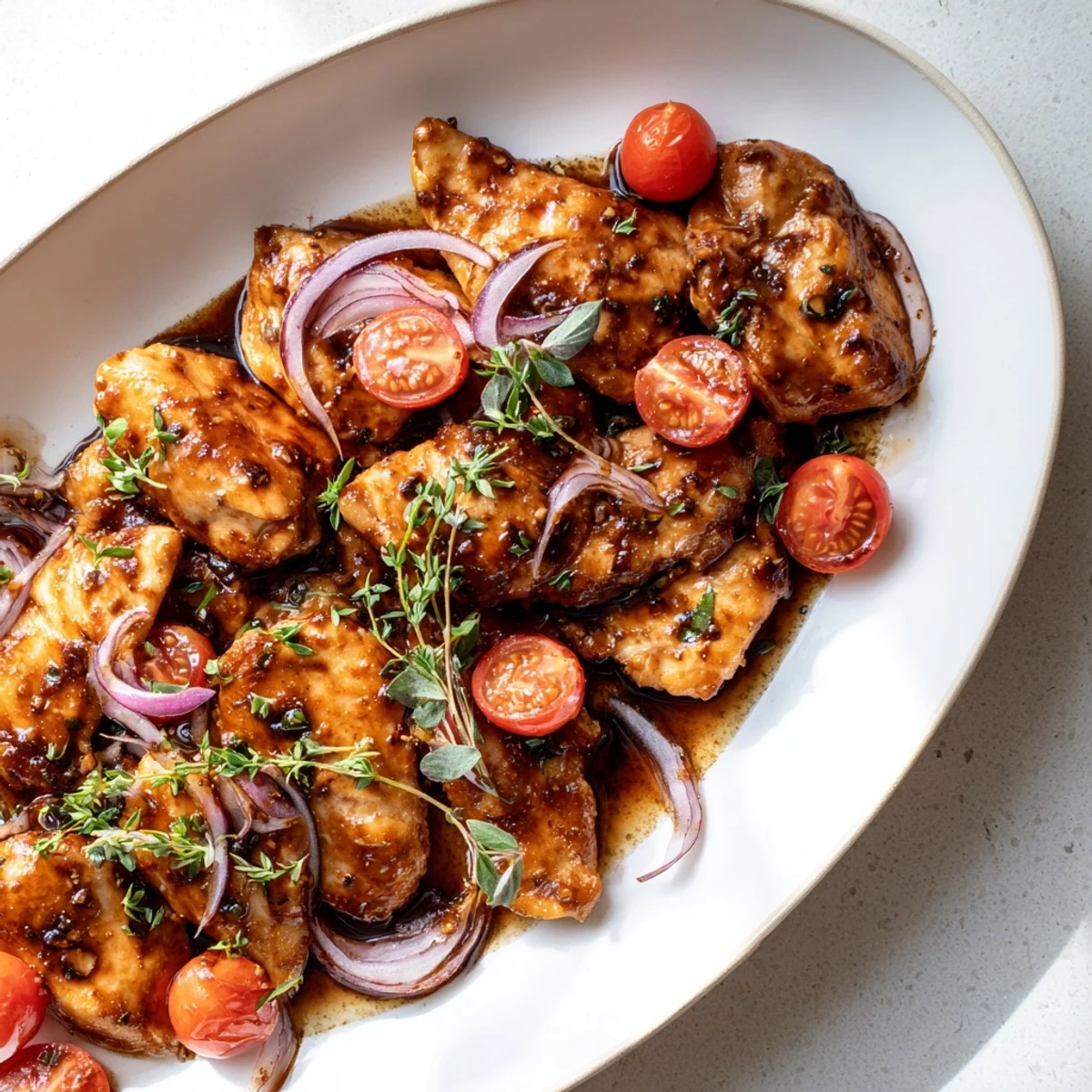 Savory one pan juicy chicken with balsamic sauce served with juicy tomatoes and fragrant thyme sprigs
