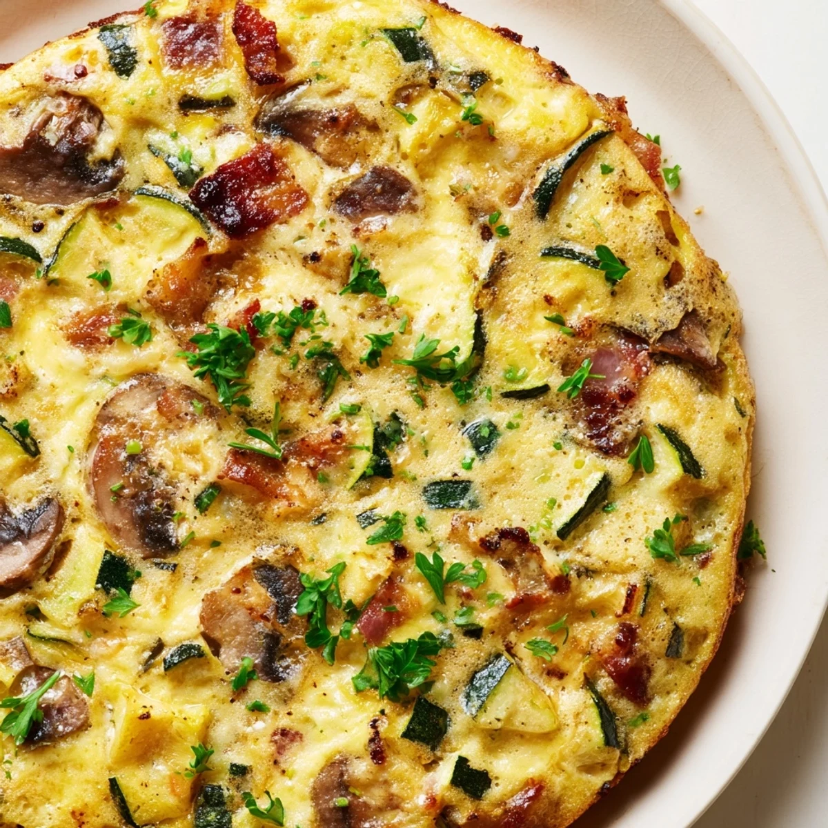 Savory baked frittata loaded with smoky bacon tender zucchini slices and melted cheese topping