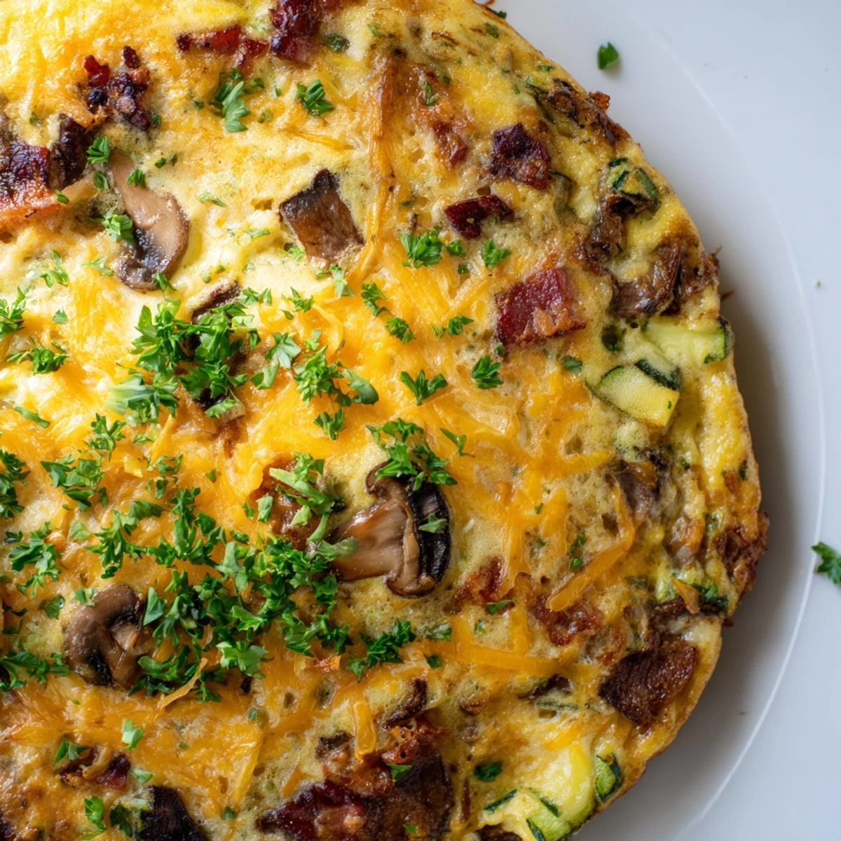Fluffy mushroom zucchini and bacon family frittata served warm in a cast iron skillet with garnish