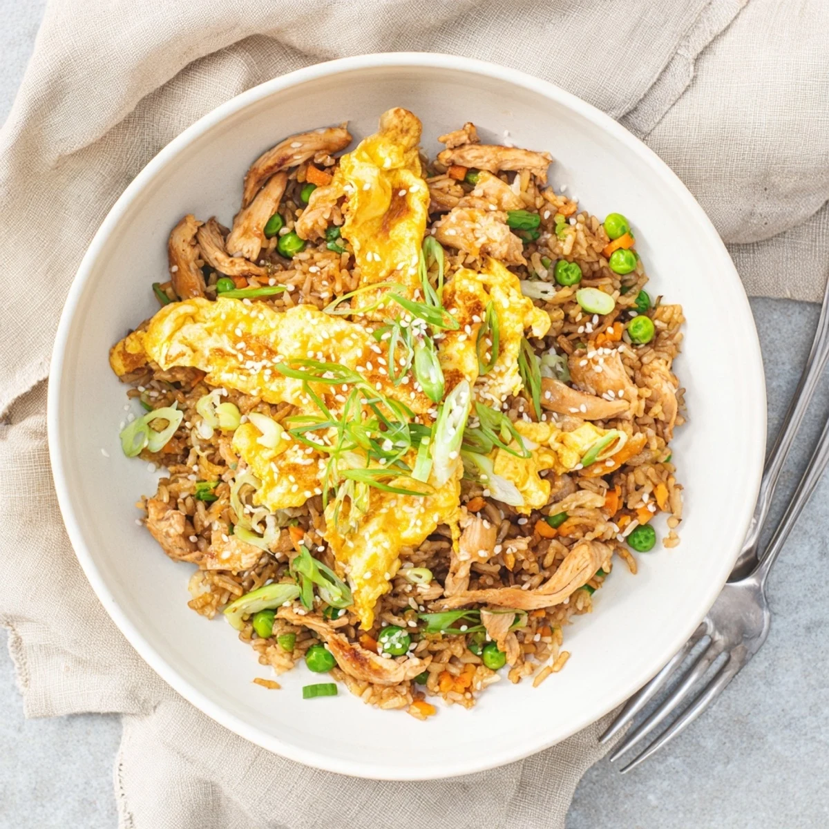 Golden egg omelette ribbons draped over savory chicken fried rice with colorful vegetables