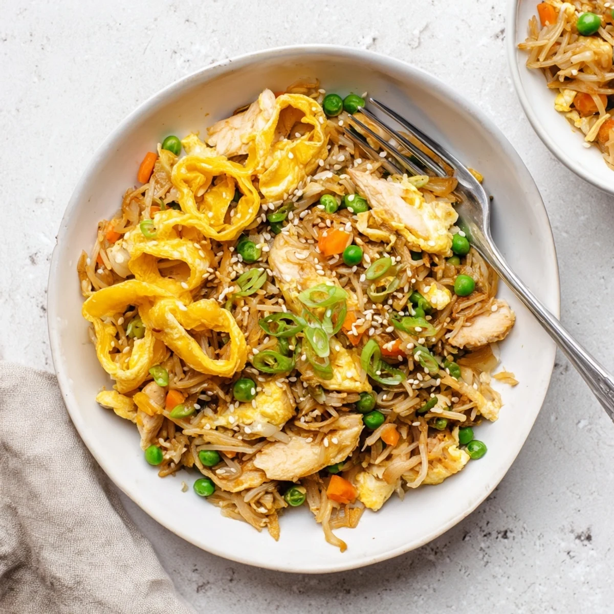 Wok fried chicken and vegetable rice garnished with ribbons of fluffy golden egg omelette