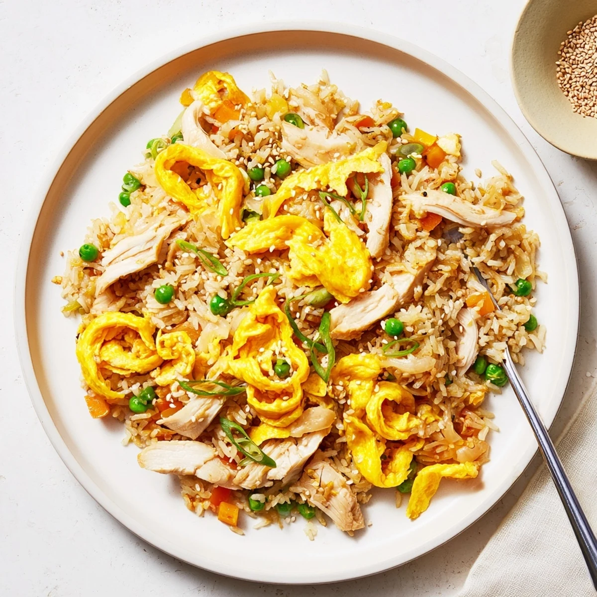 Steamy plate of Asian style chicken fried rice topped with sliced egg strips and fresh scallions
