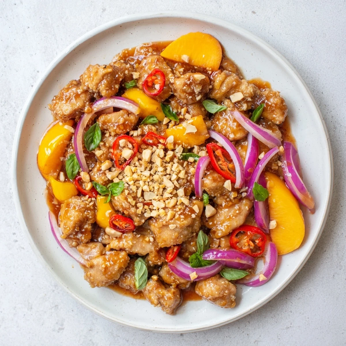 Golden Thai peach chicken with colorful bell peppers and fresh basil garnish