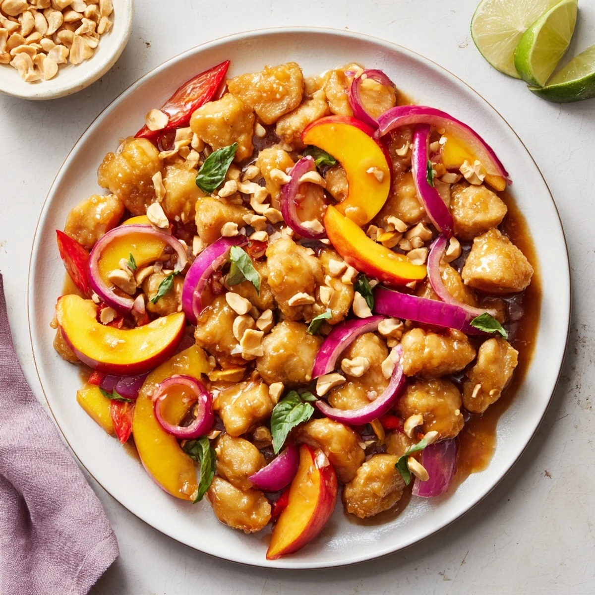 Juicy chicken pieces simmered in fragrant Thai sauce with ripe peaches